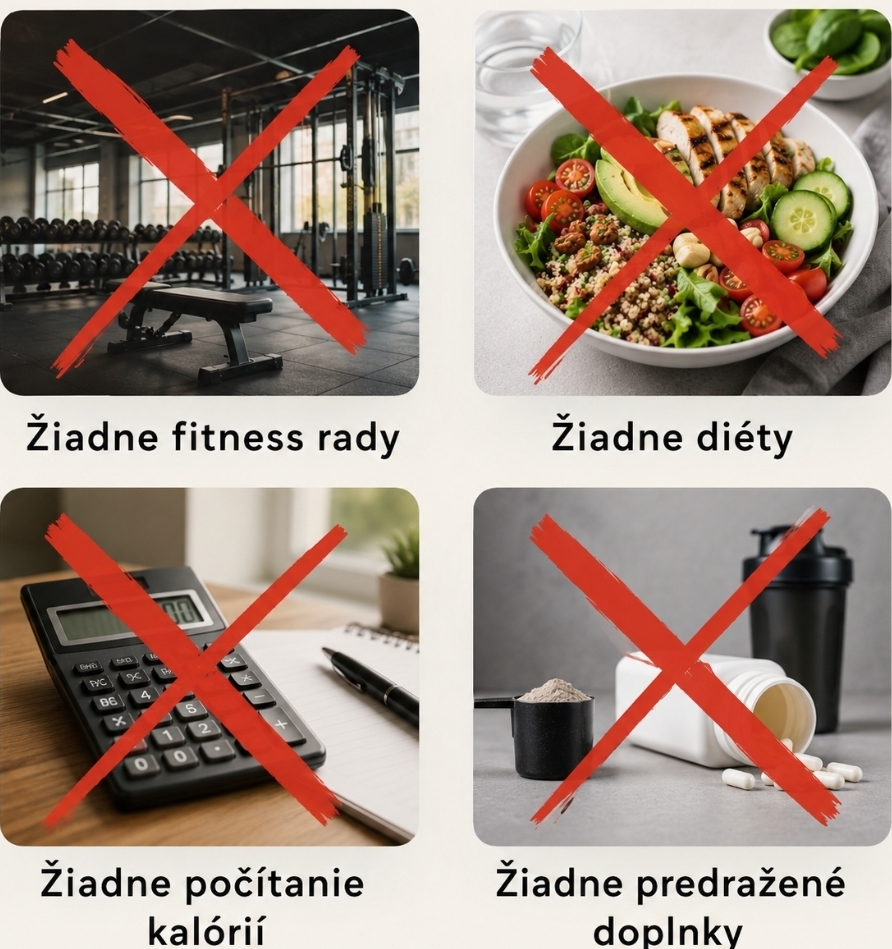 Žiadne fitness rady, žiadne diéty, žiadne počítanie kalórií, žiadne predražené doplnky